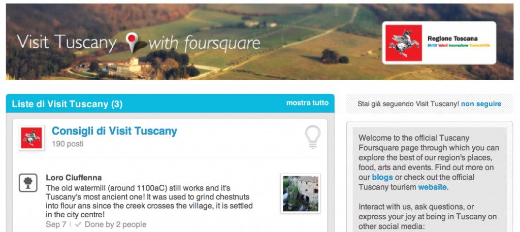 La pagina ufficiale della Regione Toscana su foursquare